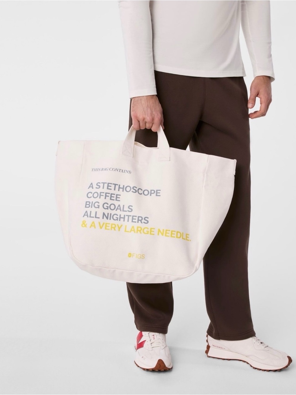 Figs White Canvas Tote with Blue and Yellow Text